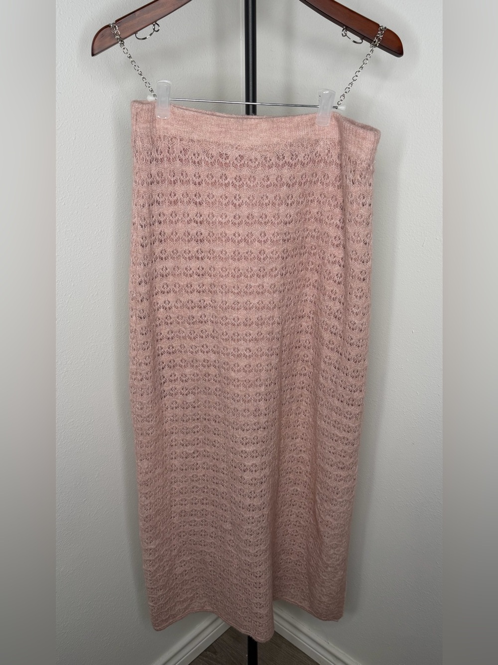 House of Harlow 1960 Dusty Blush Pink Crochet Knit Midi Skirt Size Medium